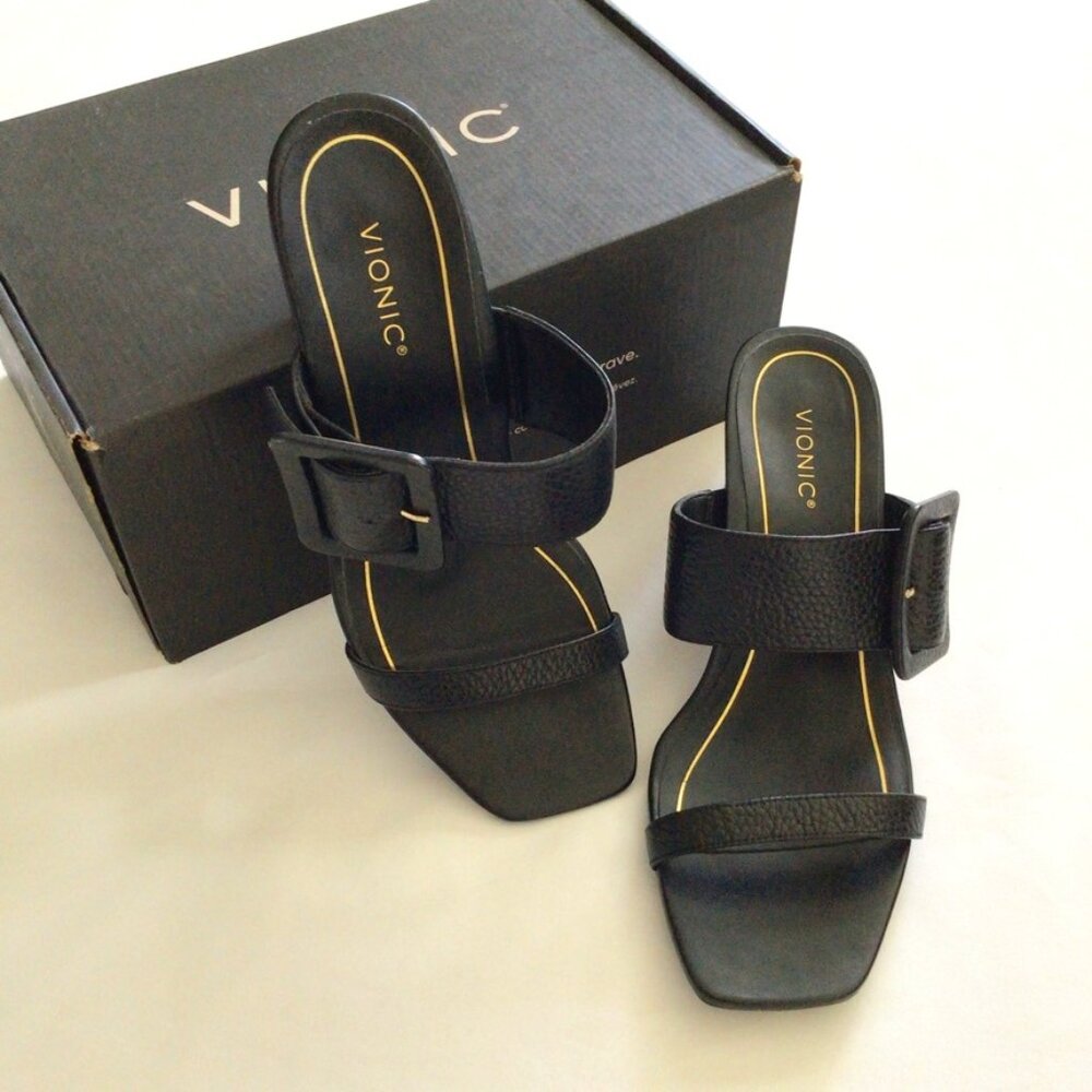 Vionic Brookell Black Leather Sandals with Buckle Sz 8.5